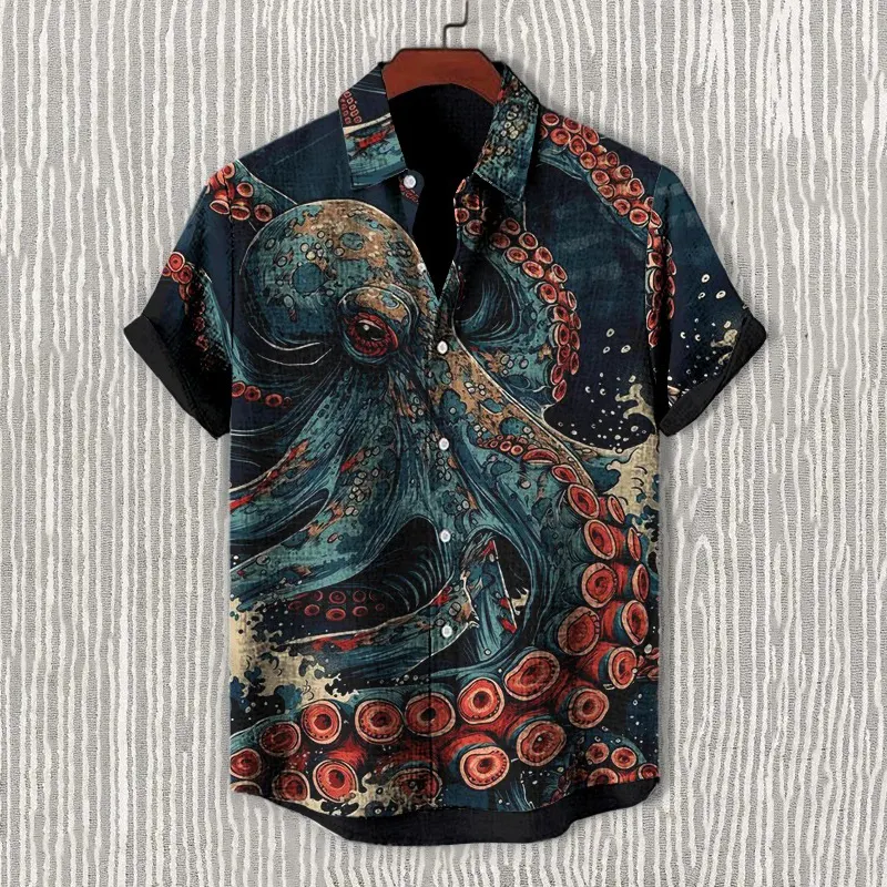 Men's Octopus Japanese Art Print Short Sleeve Shirt - Dark green