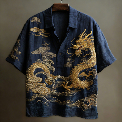 Japanese Dragon Totem Art Linen Short Sleeve Shirt - Navy blue