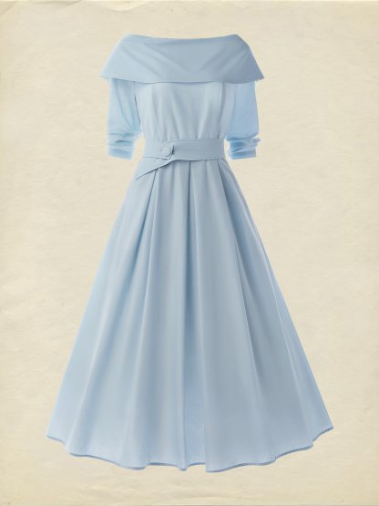 Midi Cotton Dress , Long Sleeves, Off Shoulder, Plain, Belt Design, French Vintage, Sky Blue - Sky Blue