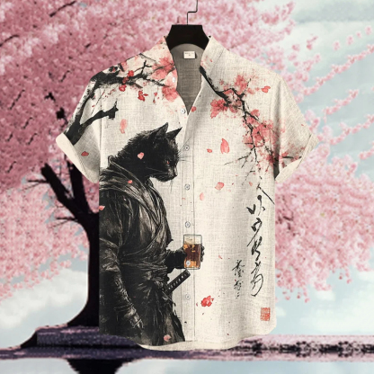 Men's Black Cat Warrior Under The Cherry Tree  Art Print Casual Shirt - Beige