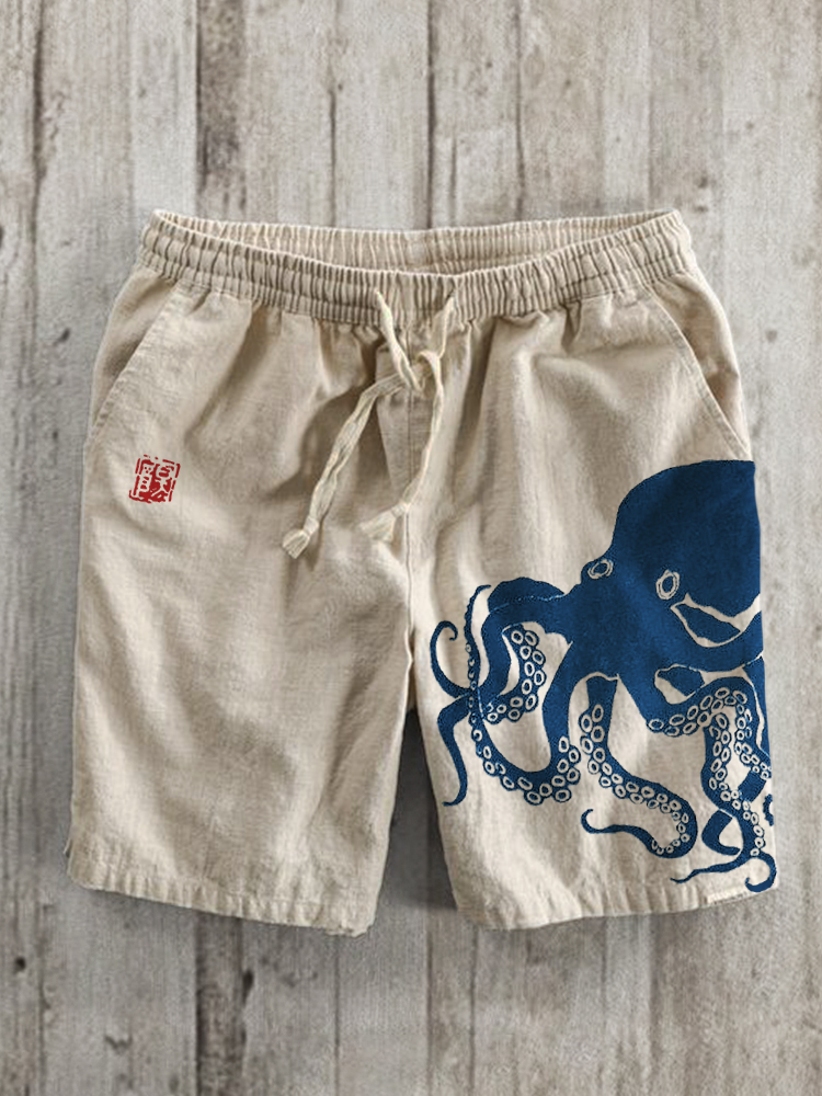Octopus Japanese Lino Art Linen Blend Shorts - Black