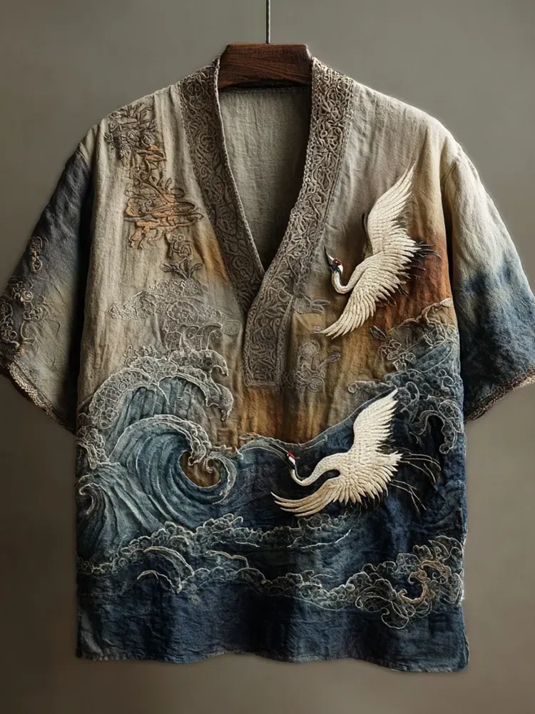 Japanese Embossed Crane Art Men's Linen V-neck Shirt - Black