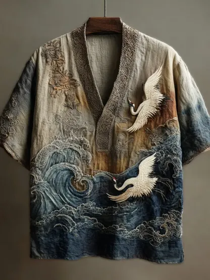 Japanese Embossed Crane Art Men's Linen V-neck Shirt - Black