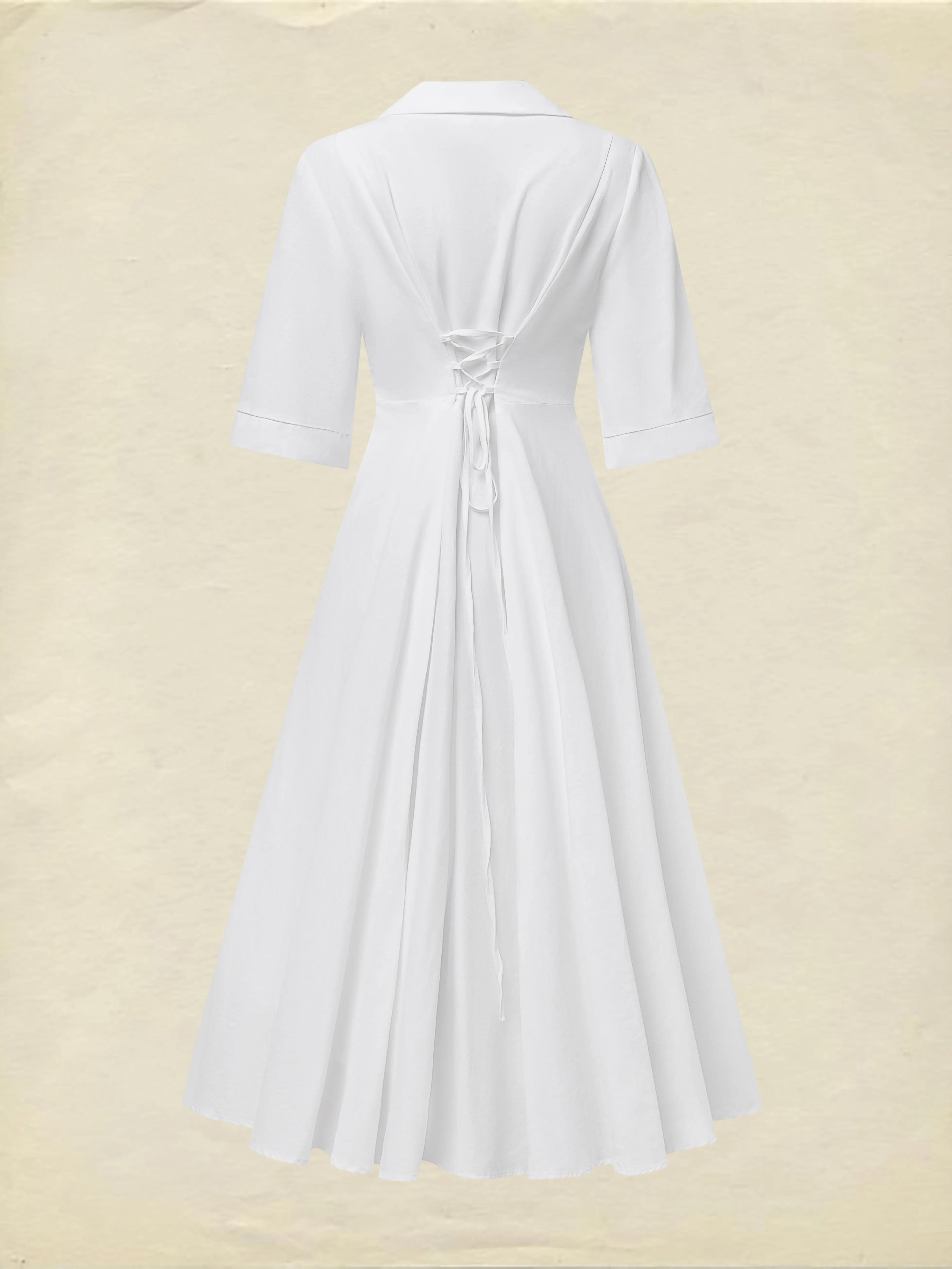 Linen Maxi Dress, Half Sleeve, Shawl Collar, Plain, Vintage, White - White
