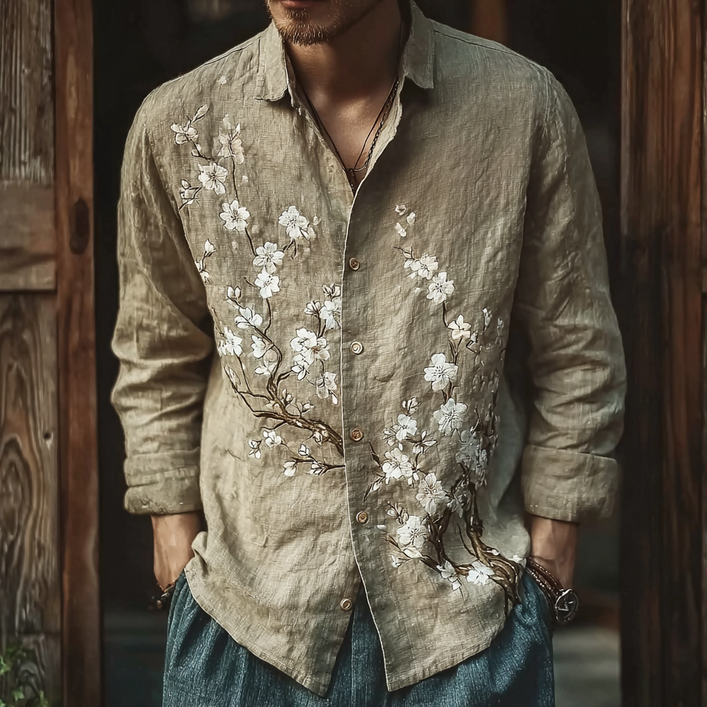 Bohemian Retro Style Floral Print Men's Long-sleeve Shirt - Beige