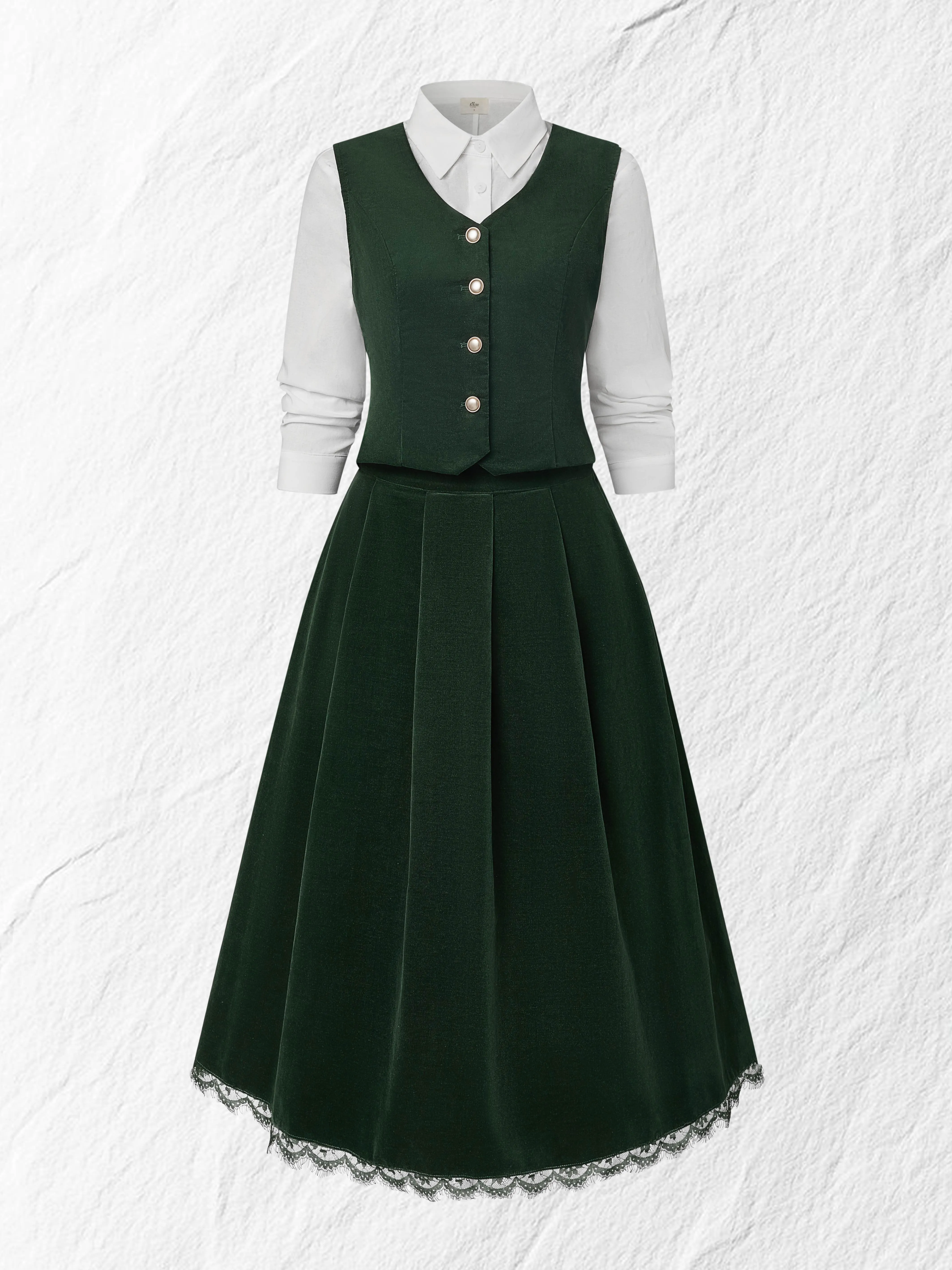 Midi Cotton Skirt (Shirt and Vest Not Included), Plain, Pocket Design, Vintage, Green - Green