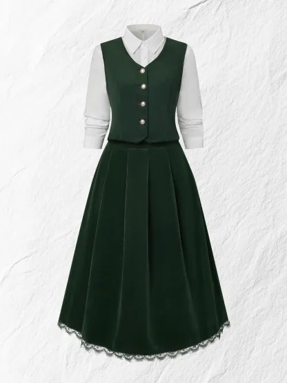 Midi Cotton Skirt (Shirt and Vest Not Included), Plain, Pocket Design, Vintage, Green - Green