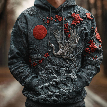 Japanese Flower & Crane 3d Art Men's Hooded Sweatshirt - Grey blue