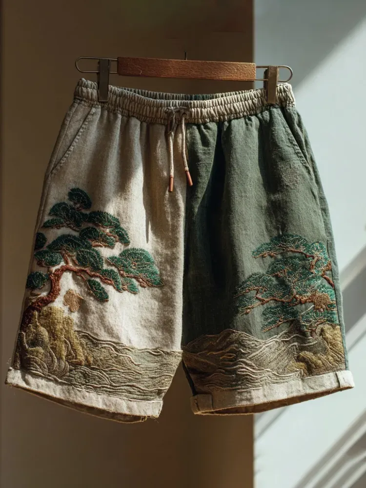 Japanese Pine Tree & Sea Waves Embroidered Art Linen Blend Casual Shorts - Green khaki