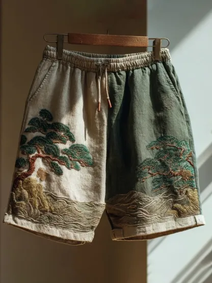Japanese Pine Tree & Sea Waves Embroidered Art Linen Blend Casual Shorts - Green khaki