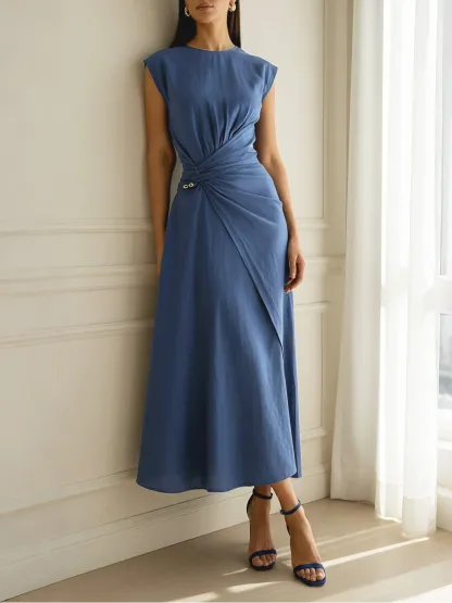 Midi Linen Dress, Cap Sleeves, Round Neck, Plain, French Vintage, Deep Blue - Deep Blue