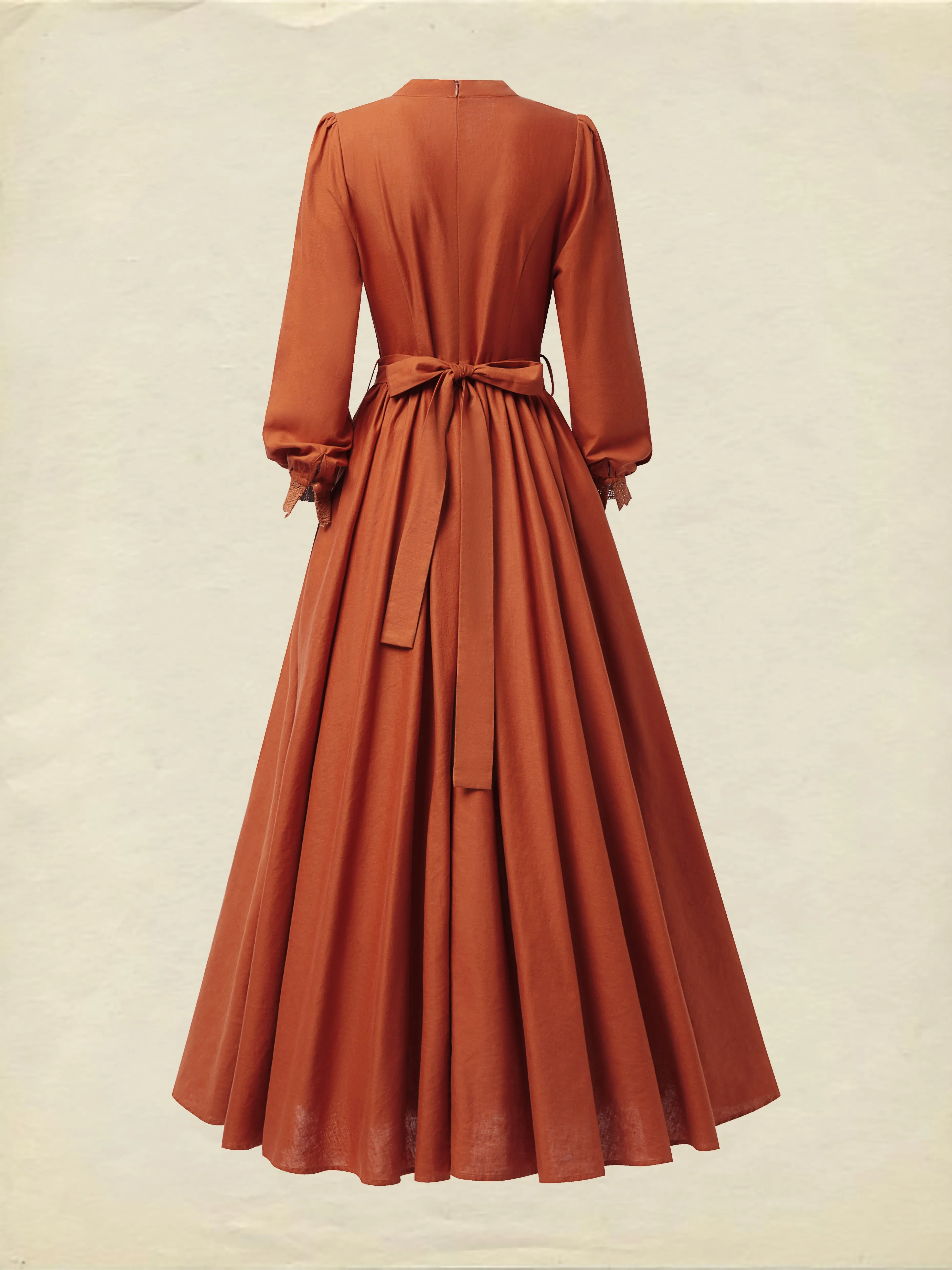 Maxi Linen Dress, Long Sleeves, Stand Collar, Shirt Dress, Linen Blend, Orange - Orange Red