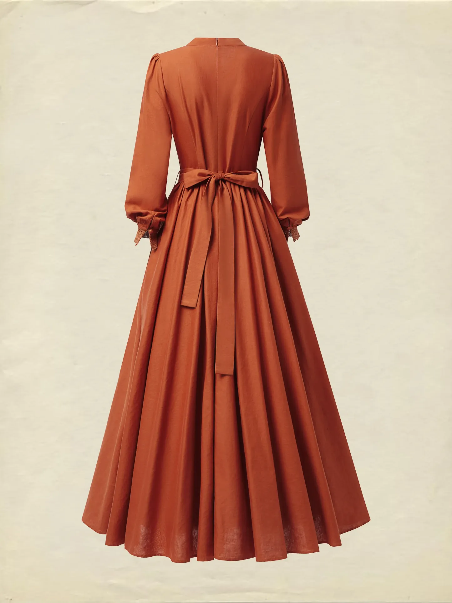 Maxi Linen Dress, Long Sleeves, Stand Collar, Shirt Dress, Linen Blend, Orange - Orange Red