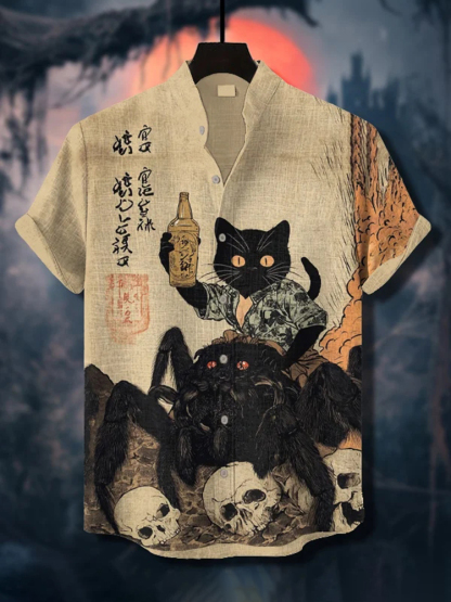 Men's Retro Japanese Calligraphy Art Black Cat And Spider Print Short Sleeve Shirt - Khaki