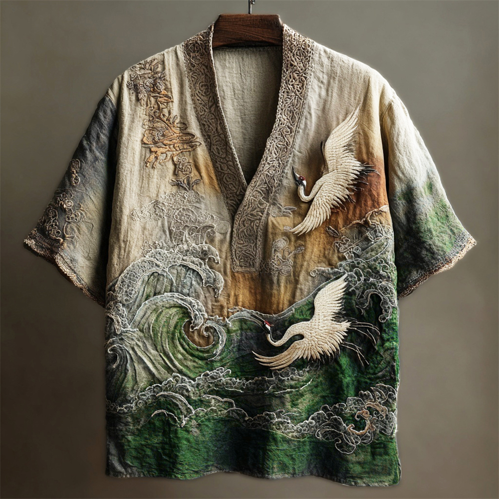 Japanese Embossed Crane Art Men's Linen V-neck Shirt - Black