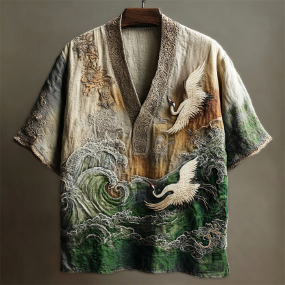 Japanese Embossed Crane Art Men's Linen V-neck Shirt - Black
