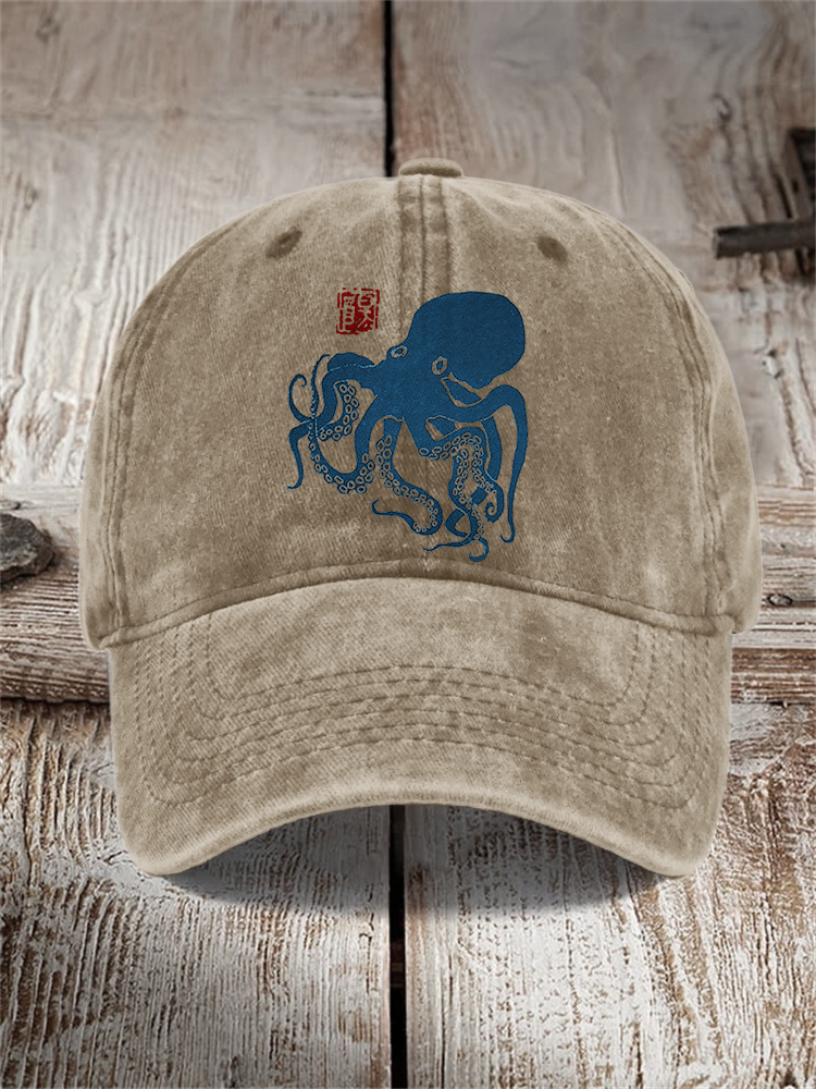 Octopus Japanese Lino Art Washed Cap - Navy
