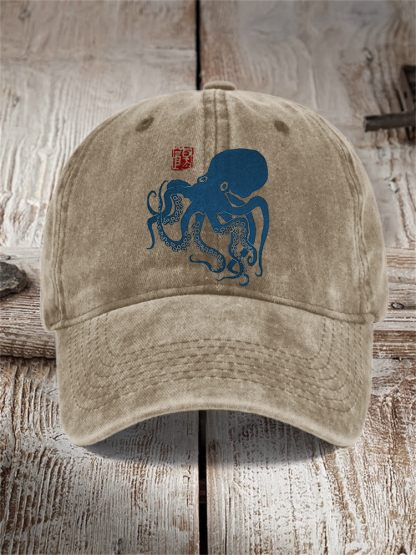 Octopus Japanese Lino Art Washed Cap - Navy