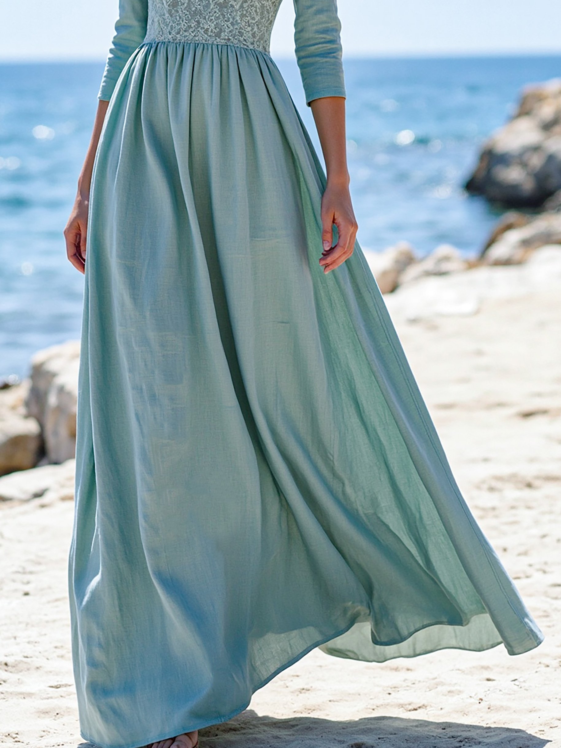 Maxi Linen Dress, Half Sleeve, V Neck, Plain, Lace, Vintage, Cyan - Cyan