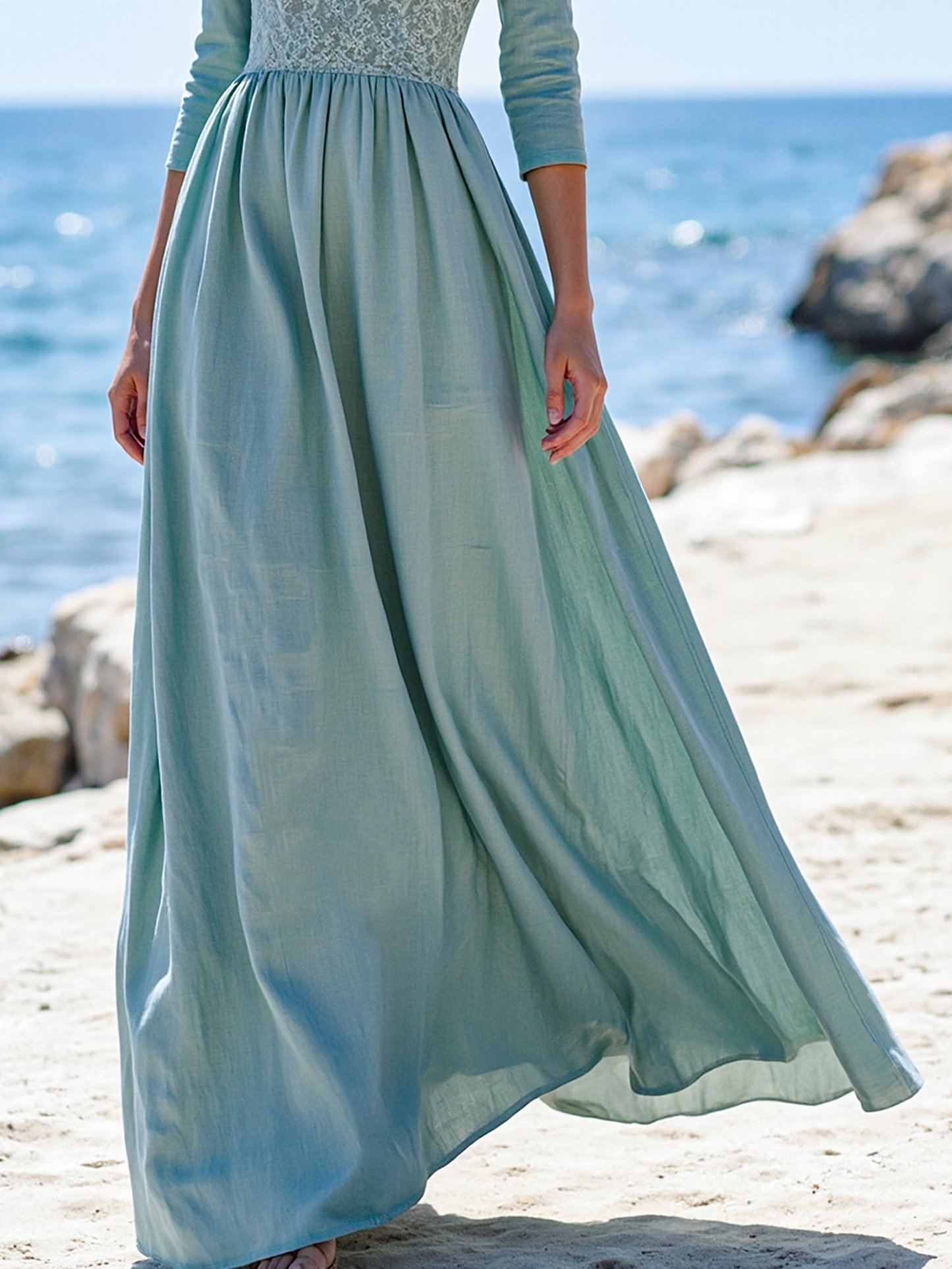 Maxi Linen Dress, Half Sleeve, V Neck, Plain, Lace, Vintage, Cyan - Cyan