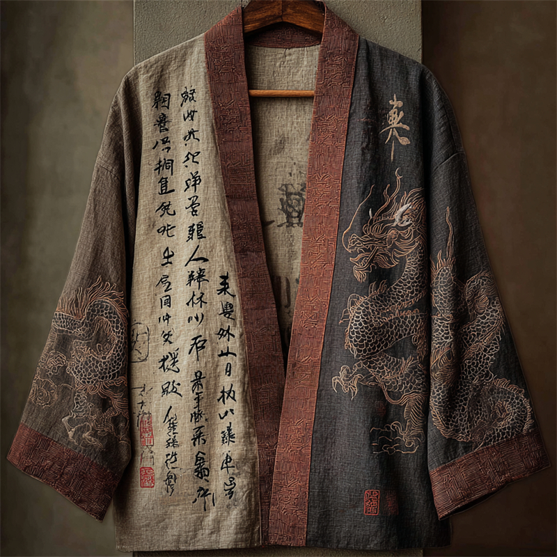 Japanese Dragons & Calligraphy Contrast Linen Kimono - Beige