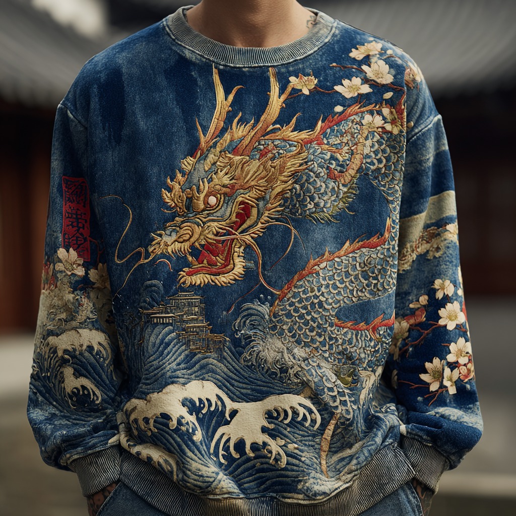 Men's Japanese Wave And Dragon Embossed Art Sweatshirt - Blue