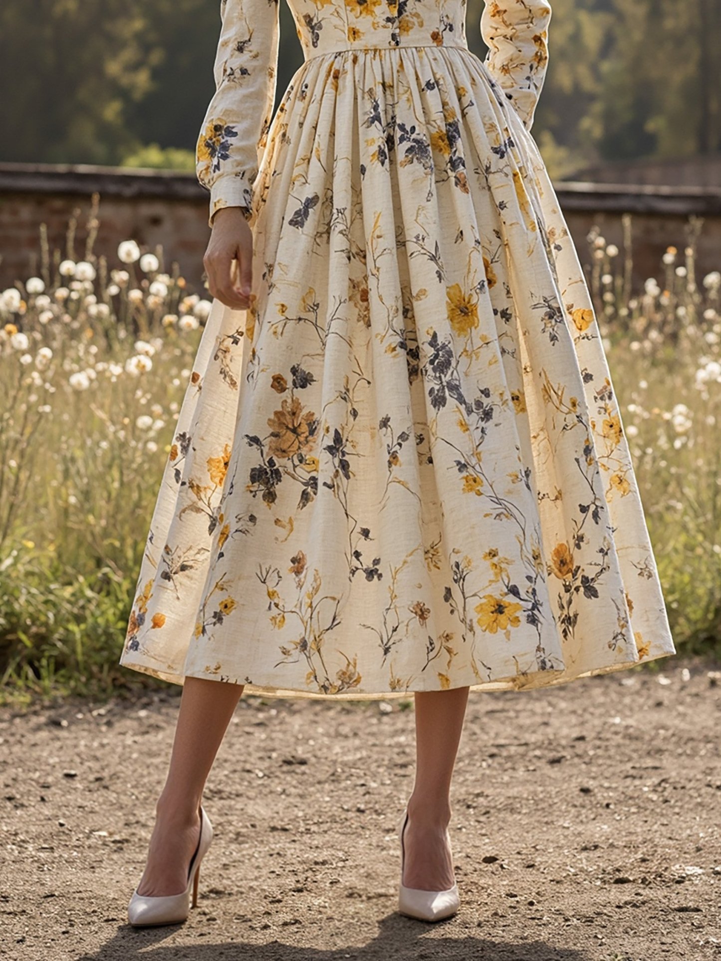Midi Linen Dress, Long Sleeves, V Neck, Floral, Button Design, Vintage, Apricot - Apricot