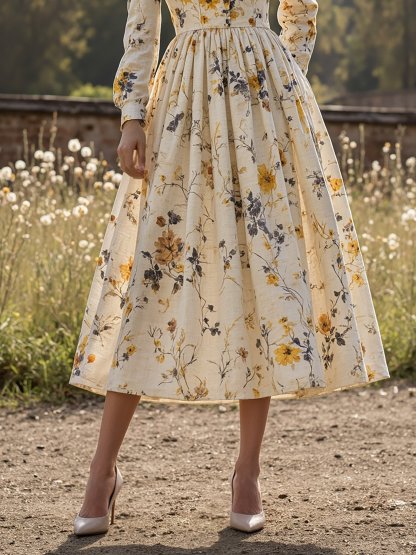 Midi Linen Dress, Long Sleeves, V Neck, Floral, Button Design, Vintage, Apricot - Apricot