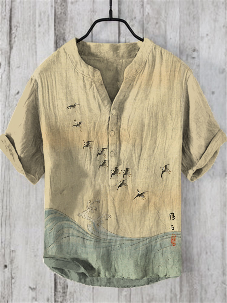 Men'sVintage Japanese Birds Waves Art Prints Linen Blend Shirt - Beige