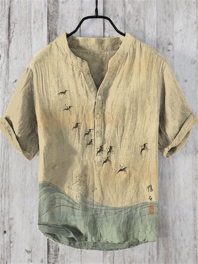 Men'sVintage Japanese Birds Waves Art Prints Linen Blend Shirt - Beige