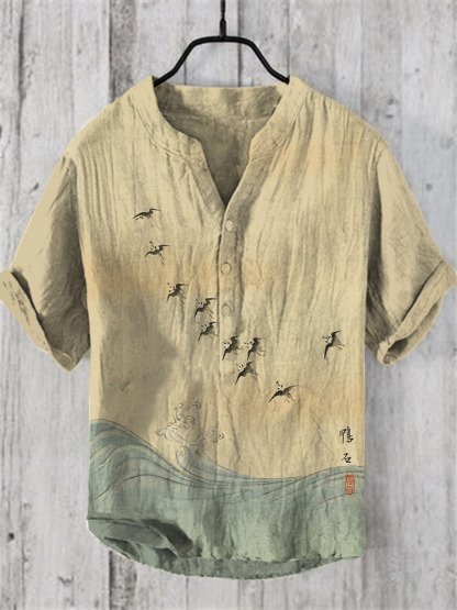 Men'sVintage Japanese Birds Waves Art Prints Linen Blend Shirt - Beige