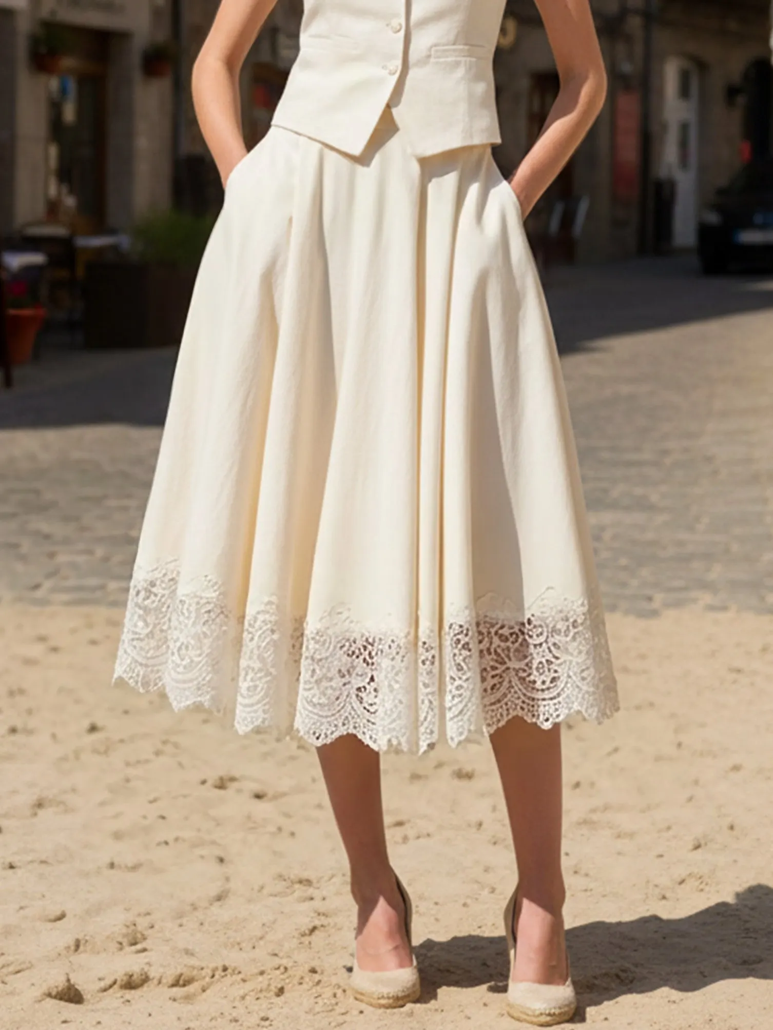 Midi Linen Skirt, Plain, Lace, Vacation, Vintage, White - White