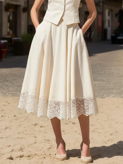 Midi Linen Skirt, Plain, Lace, Vacation, Vintage, White - White