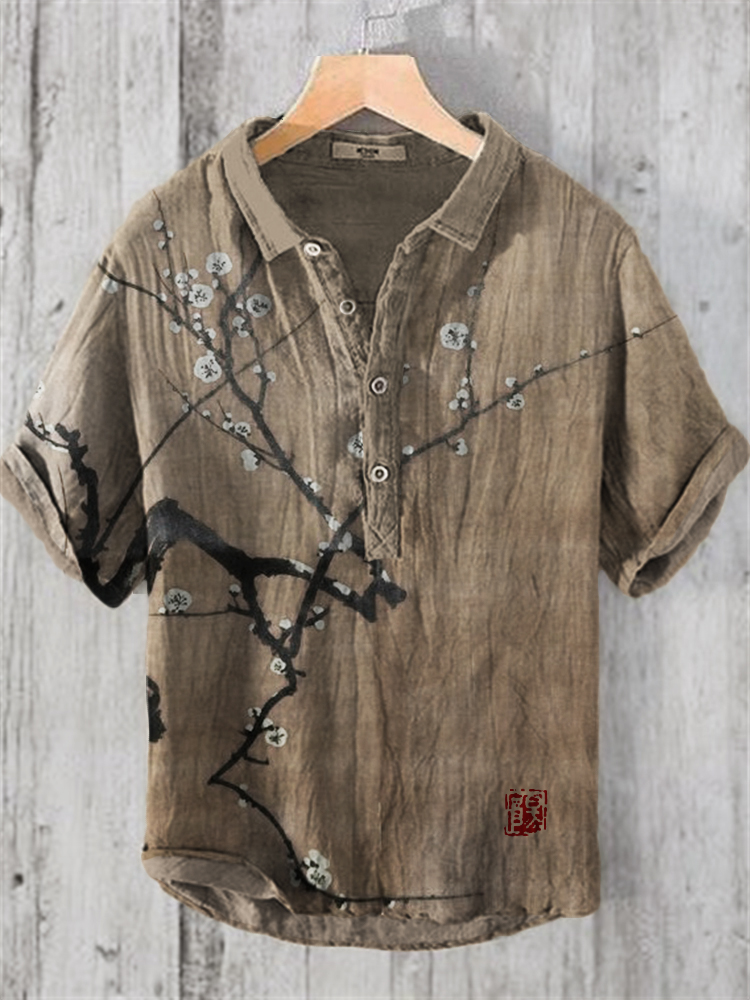 Plum Blossom Japanese Art Linen Blend Shirt - Coffee