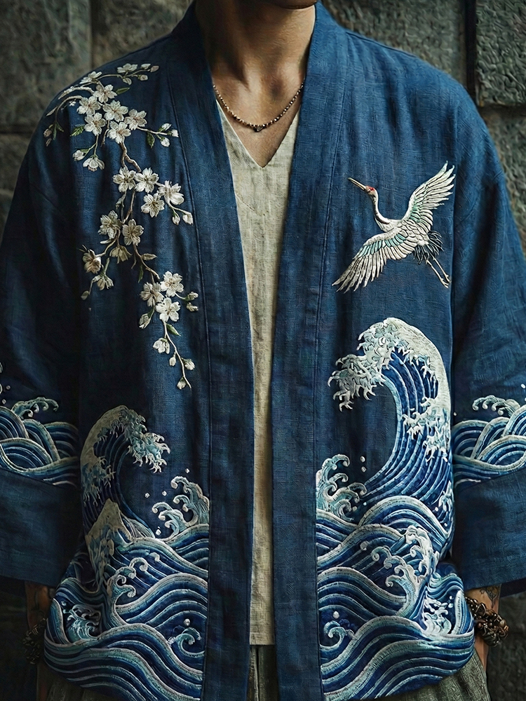 Japanese Cranes And Ocean Waves Art Linen Kimono Cardigan - Blue