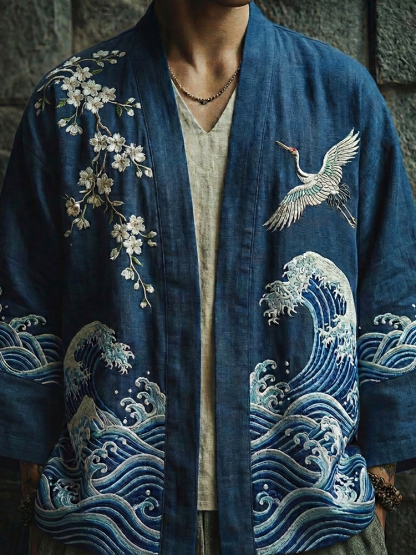 Japanese Cranes And Ocean Waves Art Linen Kimono Cardigan - Blue
