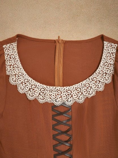 Maxi Cotton Dress, Long Sleeves, Square Neck,  Princess Line, Linen Blend, Orange - Orange