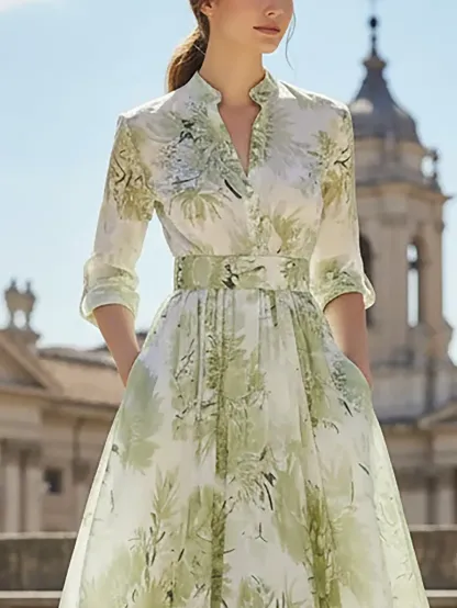 Maxi Linen Dress, Half Sleeve, Stand Collar, Floral, Vacation, Vintage, Lightgreen - Lightgreen