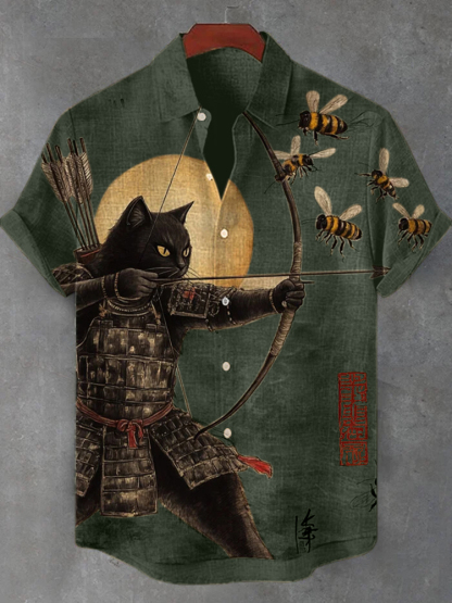 Men's Black Cat Tribal Warrior Japanese Kyudo Print Short Sleeve Shirt - Beige