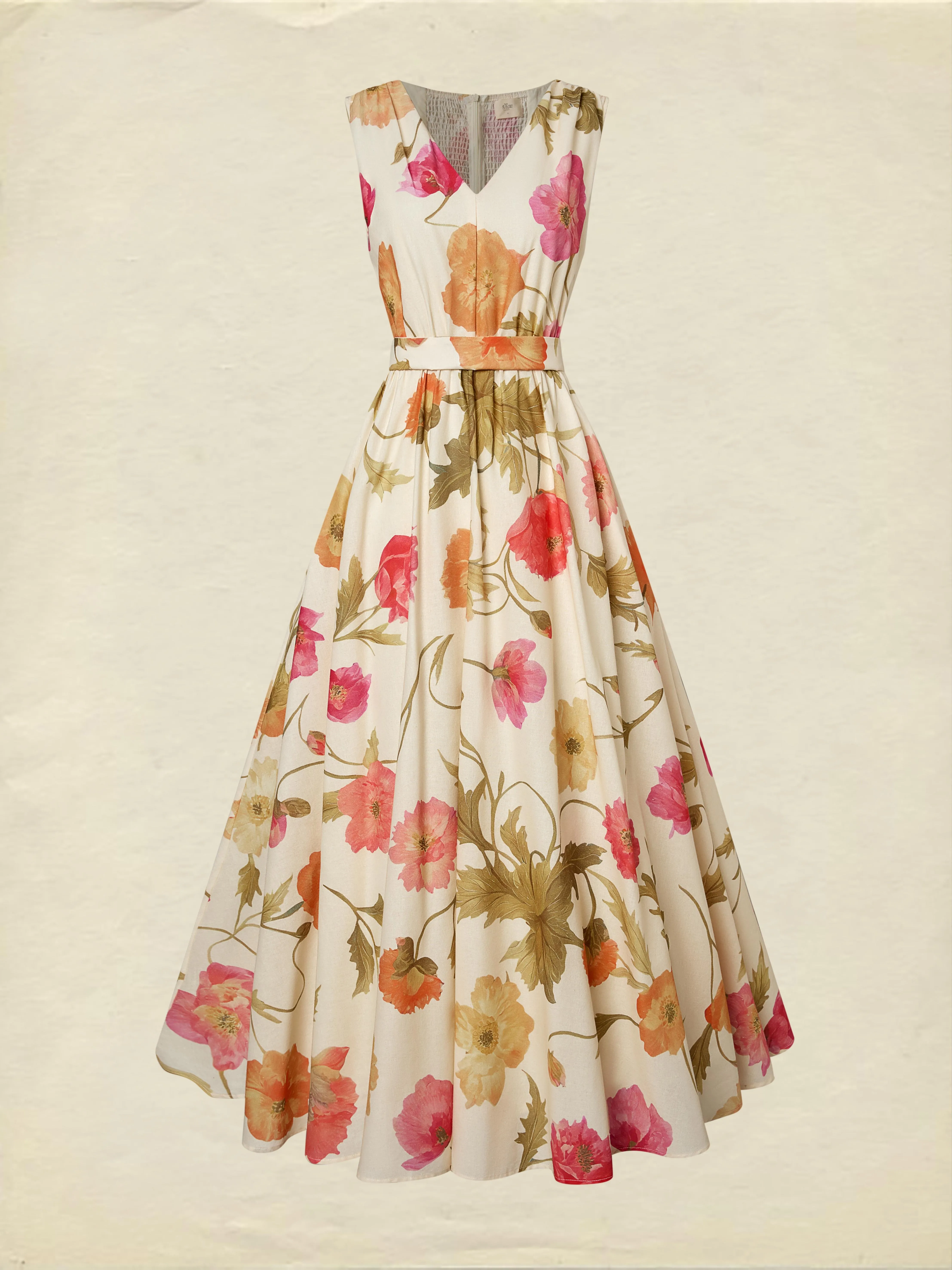 Maxi Cotton Dress, Sleeveless, V Neck, Floral, Belt Design, Vacation, Vintage, Apricot - Apricot