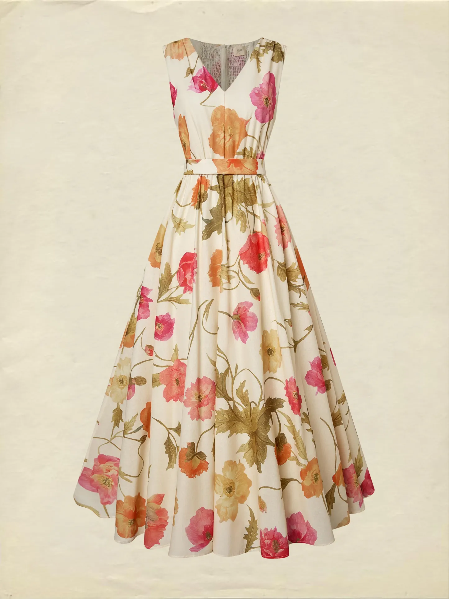 Maxi Cotton Dress, Sleeveless, V Neck, Floral, Belt Design, Vacation, Vintage, Apricot - Apricot
