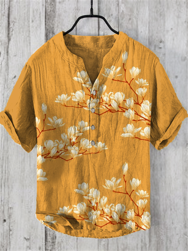 Vintage Japanese Magnolia Flower Casual Linen Blend Shirt - Blue