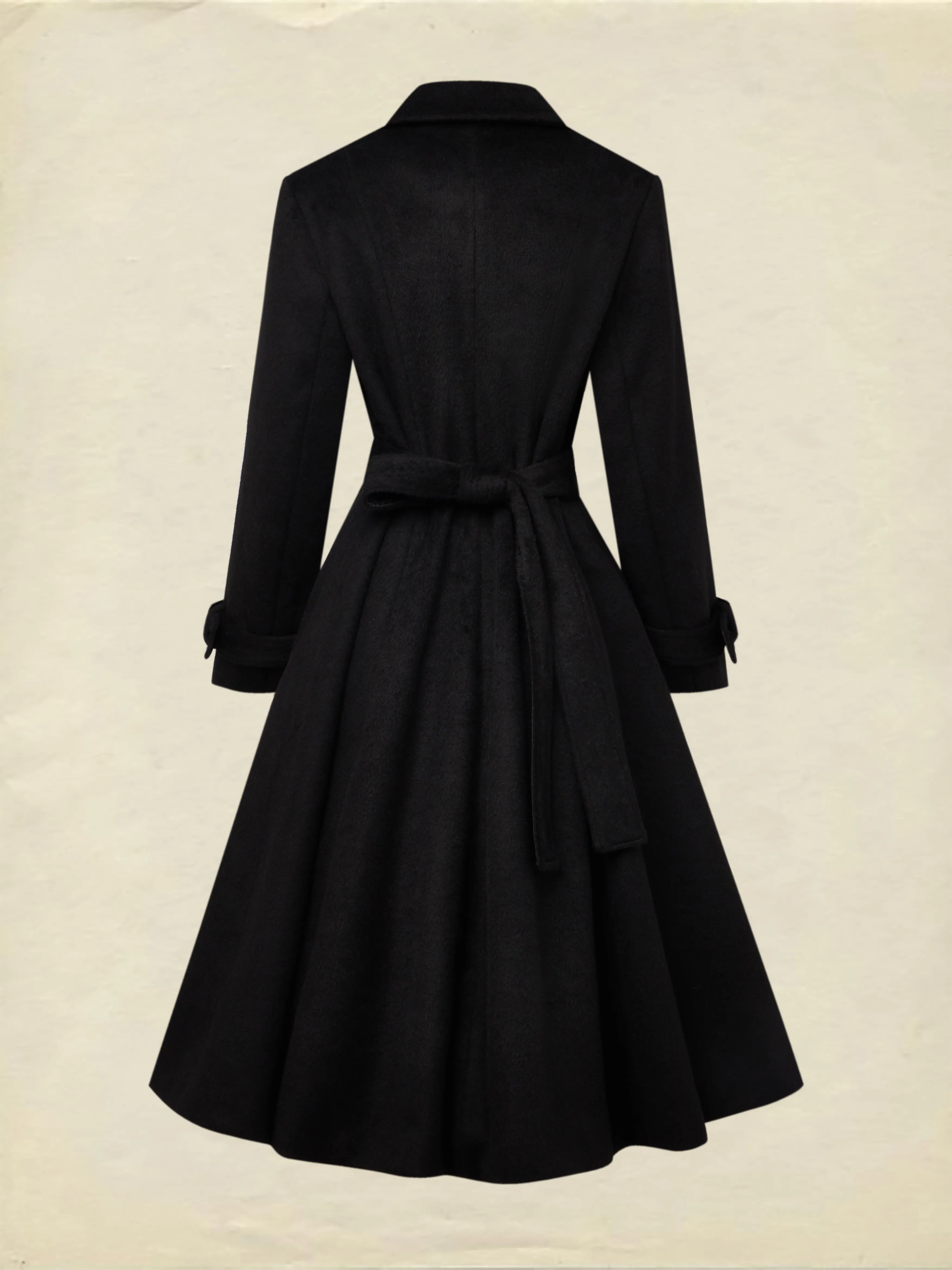 Wool Trench Coat, Long Sleeves, Lapel Collar, Plain, Button Design, Vintage, Black - Black