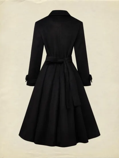Wool Trench Coat, Long Sleeves, Lapel Collar, Plain, Button Design, Vintage, Black - Black