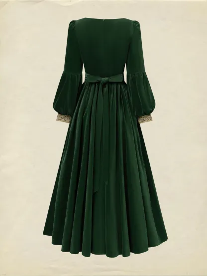 Maxi Cotton Dress, Long Sleeves, Square Neck, Plain, Lace, Vintage, Green - Green
