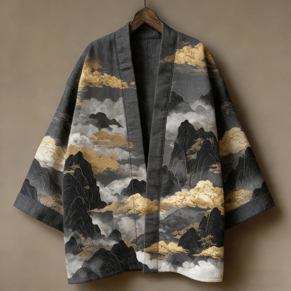 Men's Retro Japanese Landscape Print Linen Kimono Cardigan - Grey