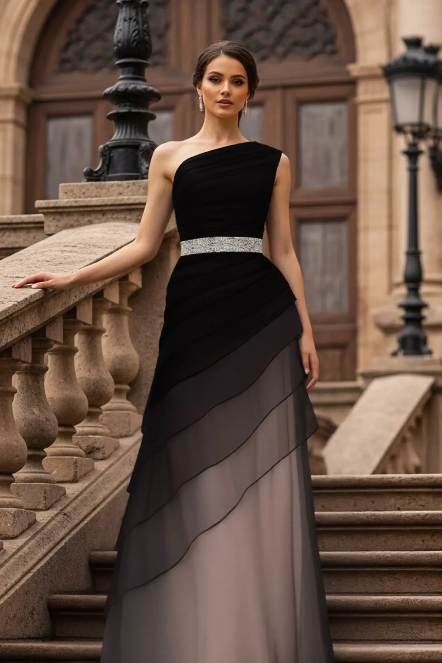 Formal Evening Dress Black One-Shoulder Multi-Layered Silver Belt Maxi Gown
