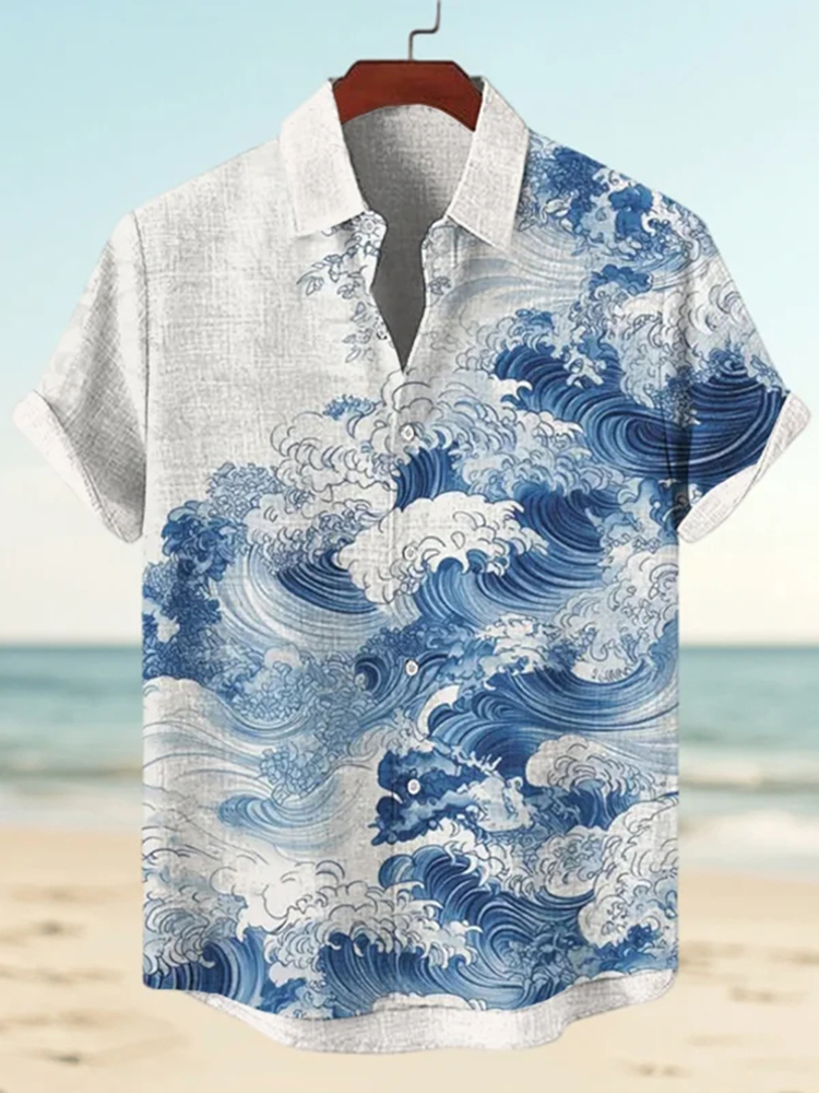 Men's Waves Watercolor Art Print Short Sleeve Shirt - White