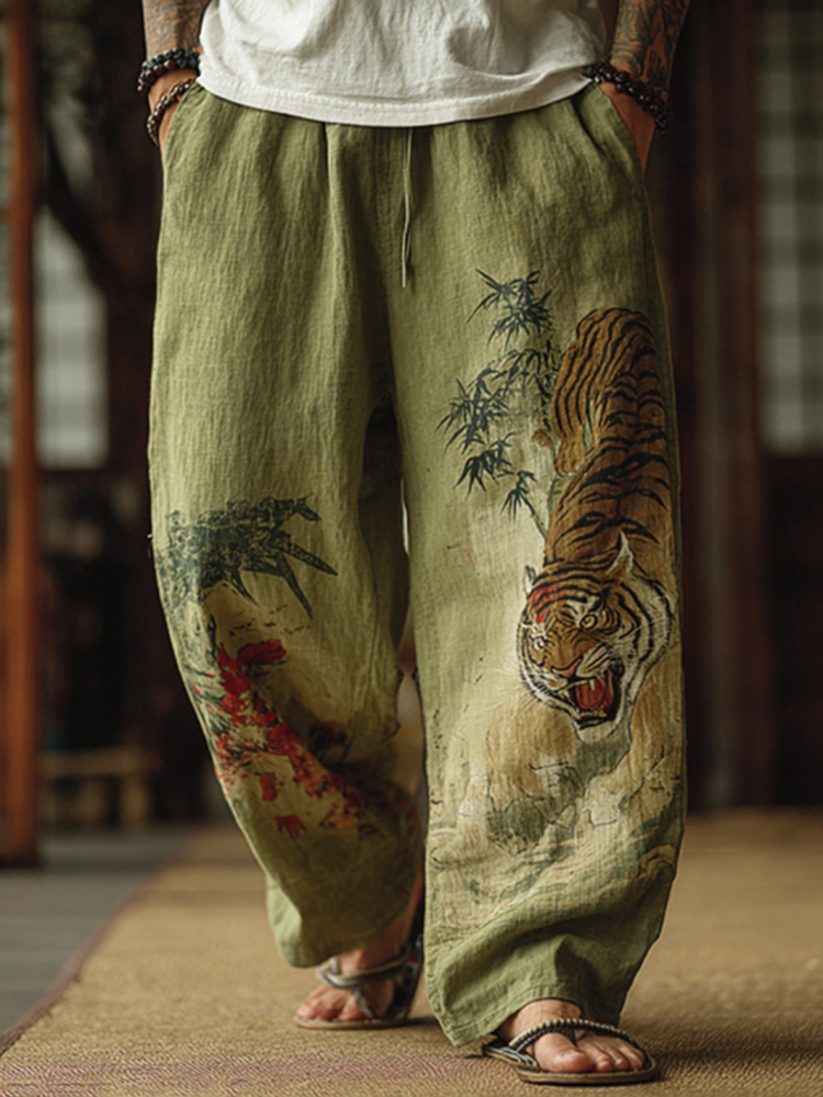 Men's Japanese Tiger And Bamboo Pattern Contrast Wide Leg Linen Pants - Green