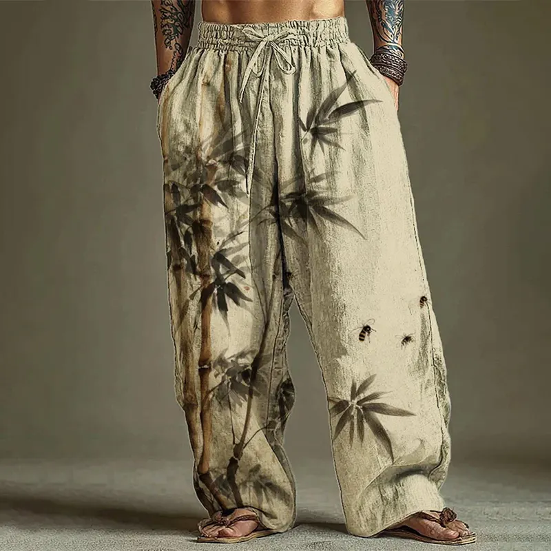 Men's Bamboo And Bees Ink Painting Chinese Style Art Printed Casual Pants - Beige